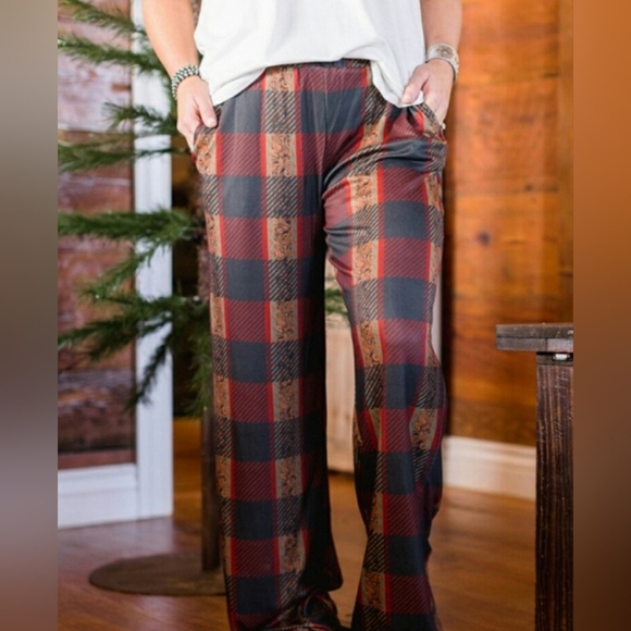 Crazy Train Western Buffalo Plaid W/ Tooled Leather Look Lounge Pants W/ Pockets - Picture 7 of 12